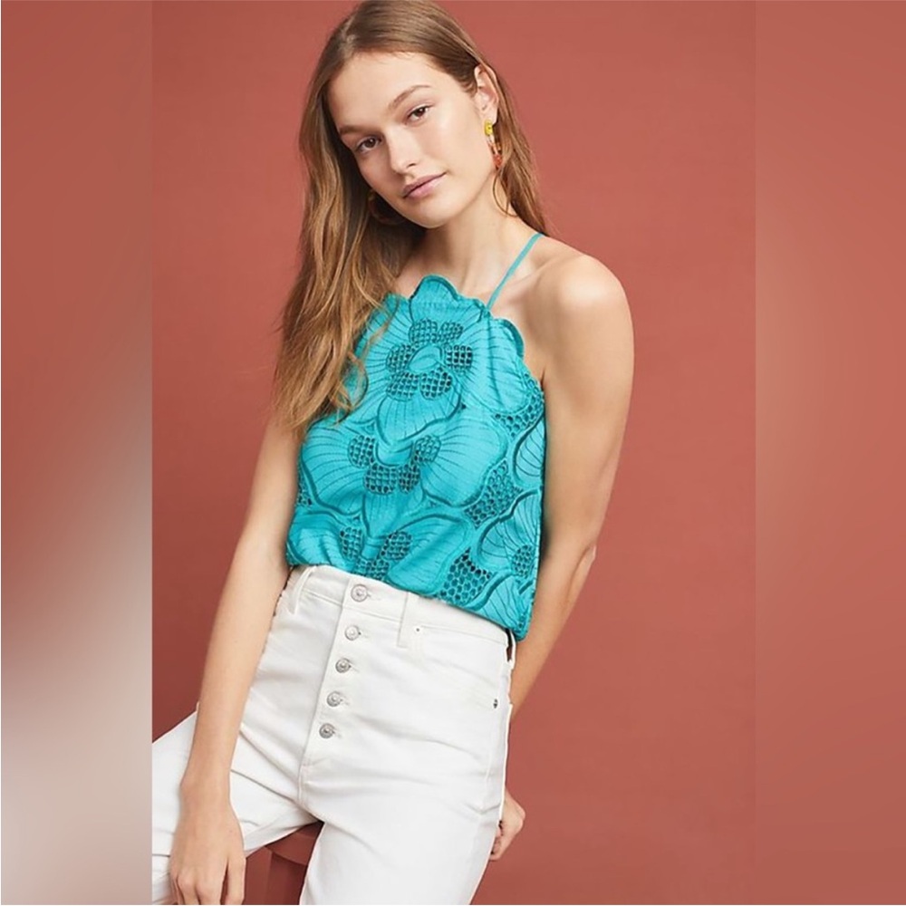 Corey Lynn Carter Turquoise Floral Crochet Halter Tank Top